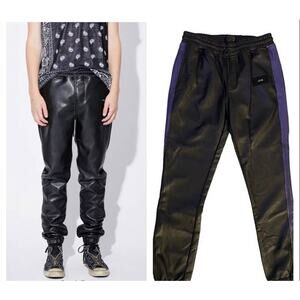 RTA OWEN SWEATPANTS MENS BLACK VEGAN LEATHER/PURPLE STRIPE NWT SIZE MEDIUM